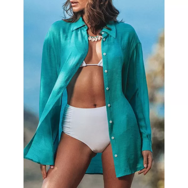 imageCUPSHE Womens Long Sleeve Button Front CoverUp ShirtPeacock Green