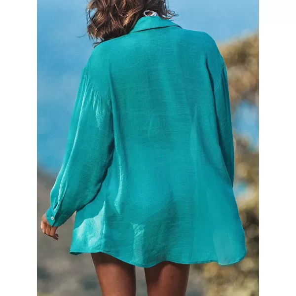imageCUPSHE Womens Long Sleeve Button Front CoverUp ShirtPeacock Green