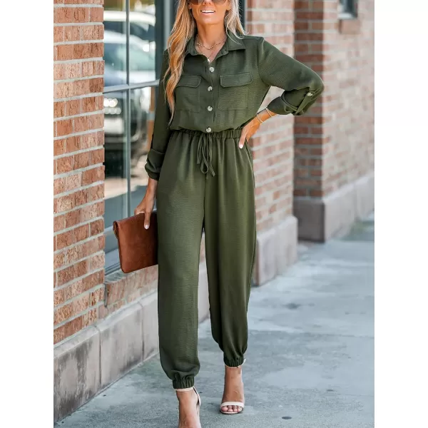 imageCUPSHE Womens Long Sleeve ButtonFront Drawstring Waist Maxi Jumpsuit Overalls Pockets Casual Pleated Long JumpsuitOlive Green