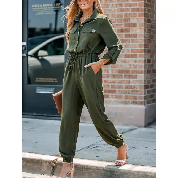 imageCUPSHE Womens Long Sleeve ButtonFront Drawstring Waist Maxi Jumpsuit Overalls Pockets Casual Pleated Long JumpsuitOlive Green