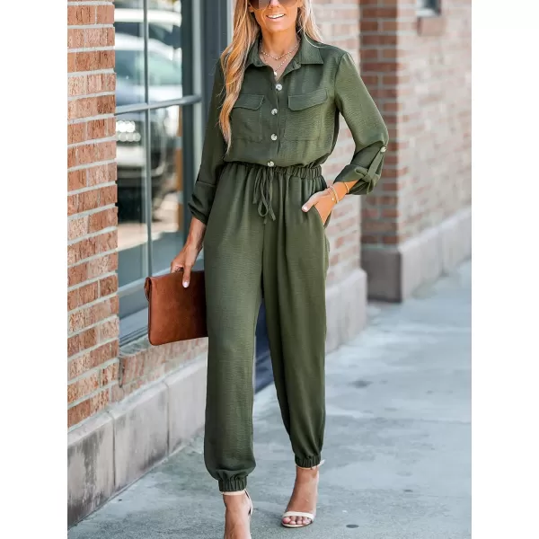 imageCUPSHE Womens Long Sleeve ButtonFront Drawstring Waist Maxi Jumpsuit Overalls Pockets Casual Pleated Long JumpsuitOlive Green