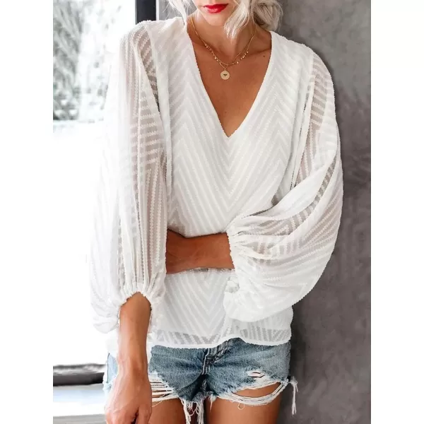 imageCUPSHE Womens Long Sleeve Casual Solid Fall Blouse VNeck Loose Fit Ruching TopsWhite