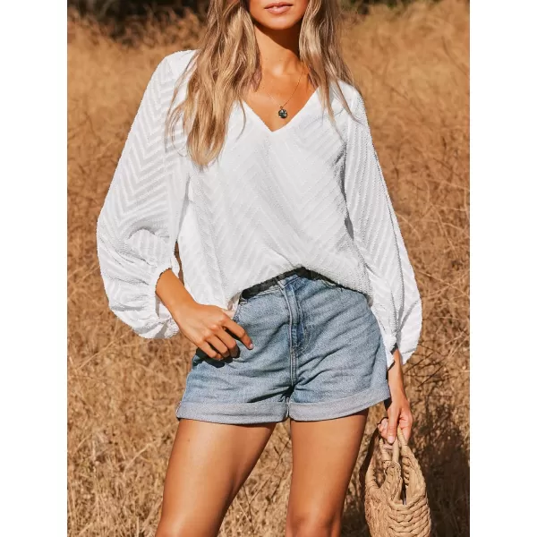 imageCUPSHE Womens Long Sleeve Casual Solid Fall Blouse VNeck Loose Fit Ruching TopsWhite