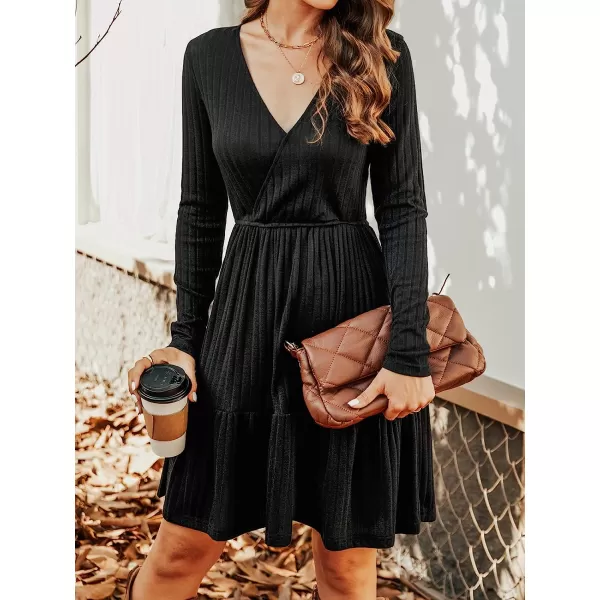 imageCUPSHE Womens Long Sleeve Chic VNeck Mini Dress Jersey Knit Ribbed Flounce Hem Autumn DressesBlack