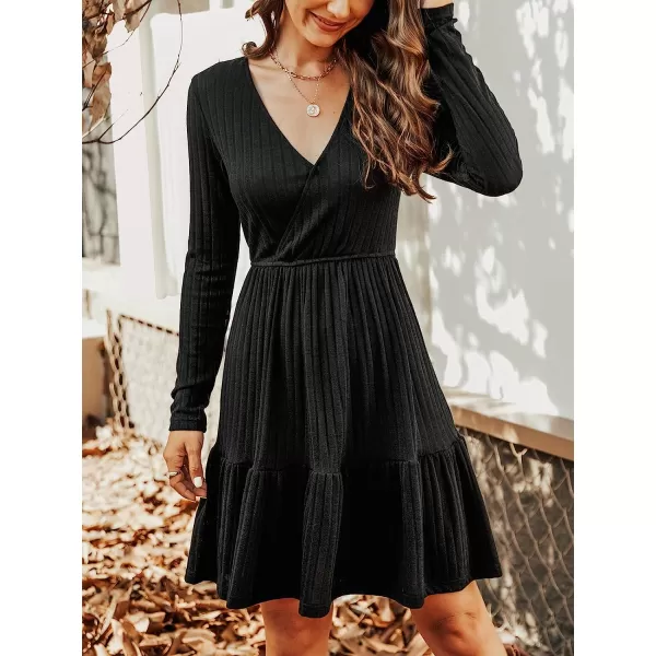 imageCUPSHE Womens Long Sleeve Chic VNeck Mini Dress Jersey Knit Ribbed Flounce Hem Autumn DressesBlack