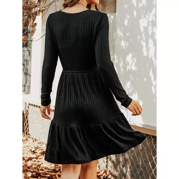 imageCUPSHE Womens Long Sleeve Chic VNeck Mini Dress Jersey Knit Ribbed Flounce Hem Autumn DressesBlack