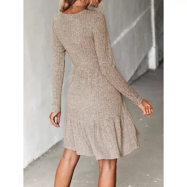 imageCUPSHE Womens Long Sleeve Chic VNeck Mini Dress Jersey Knit Ribbed Flounce Hem Autumn DressesBrown