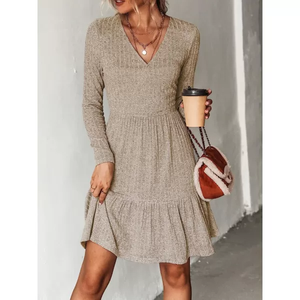 imageCUPSHE Womens Long Sleeve Chic VNeck Mini Dress Jersey Knit Ribbed Flounce Hem Autumn DressesBrown