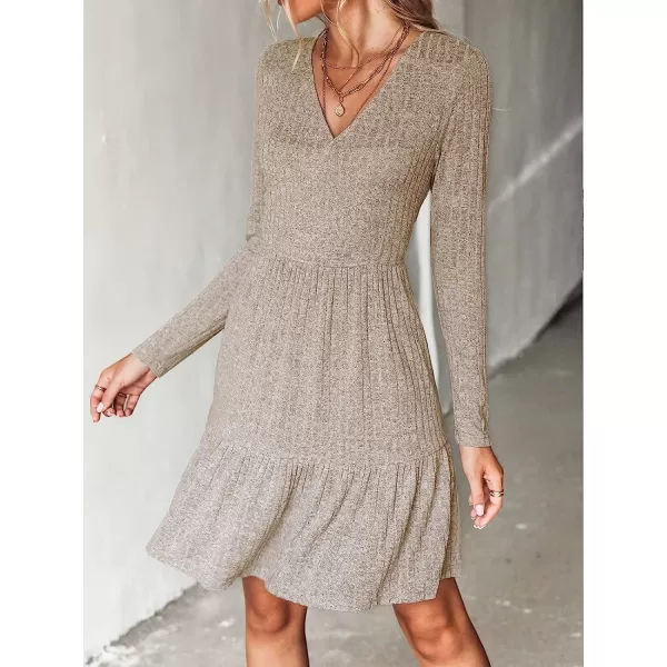 imageCUPSHE Womens Long Sleeve Chic VNeck Mini Dress Jersey Knit Ribbed Flounce Hem Autumn DressesBrown