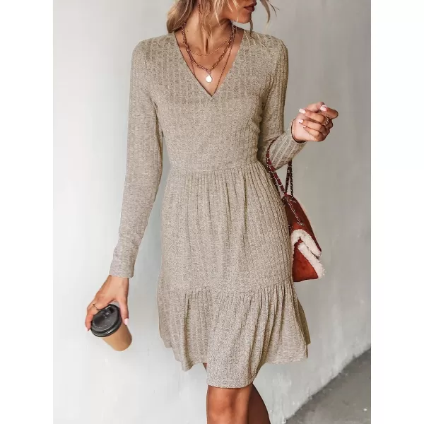 imageCUPSHE Womens Long Sleeve Chic VNeck Mini Dress Jersey Knit Ribbed Flounce Hem Autumn DressesBrown