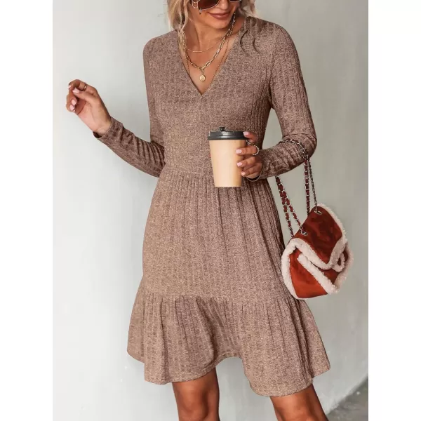 imageCUPSHE Womens Long Sleeve Chic VNeck Mini Dress Jersey Knit Ribbed Flounce Hem Autumn DressesDark Brown