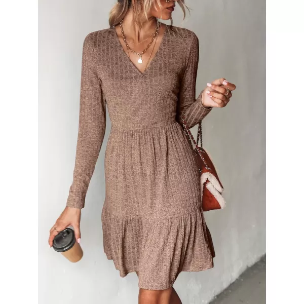 imageCUPSHE Womens Long Sleeve Chic VNeck Mini Dress Jersey Knit Ribbed Flounce Hem Autumn DressesDark Brown