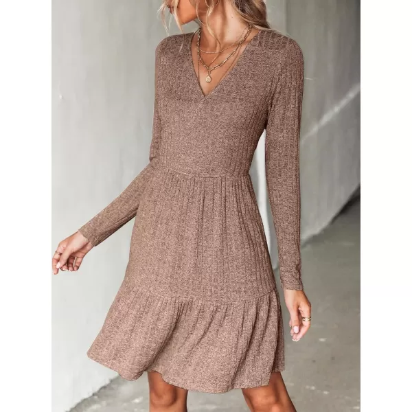 imageCUPSHE Womens Long Sleeve Chic VNeck Mini Dress Jersey Knit Ribbed Flounce Hem Autumn DressesDark Brown