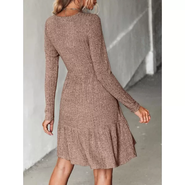 imageCUPSHE Womens Long Sleeve Chic VNeck Mini Dress Jersey Knit Ribbed Flounce Hem Autumn DressesDark Brown