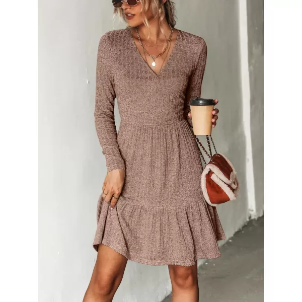 imageCUPSHE Womens Long Sleeve Chic VNeck Mini Dress Jersey Knit Ribbed Flounce Hem Autumn DressesDark Brown