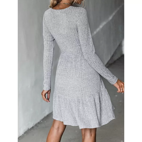 imageCUPSHE Womens Long Sleeve Chic VNeck Mini Dress Jersey Knit Ribbed Flounce Hem Autumn DressesGrey