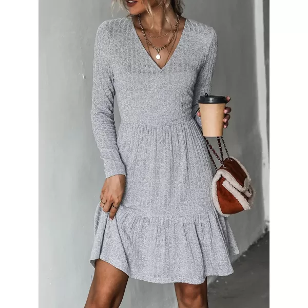 imageCUPSHE Womens Long Sleeve Chic VNeck Mini Dress Jersey Knit Ribbed Flounce Hem Autumn DressesGrey