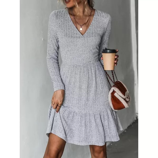 imageCUPSHE Womens Long Sleeve Chic VNeck Mini Dress Jersey Knit Ribbed Flounce Hem Autumn DressesGrey