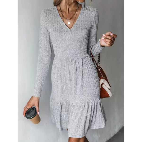 imageCUPSHE Womens Long Sleeve Chic VNeck Mini Dress Jersey Knit Ribbed Flounce Hem Autumn DressesGrey