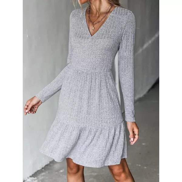 imageCUPSHE Womens Long Sleeve Chic VNeck Mini Dress Jersey Knit Ribbed Flounce Hem Autumn DressesGrey