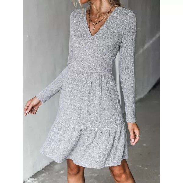 imageCUPSHE Womens Long Sleeve Chic VNeck Mini Dress Jersey Knit Ribbed Flounce Hem Autumn DressesGrey