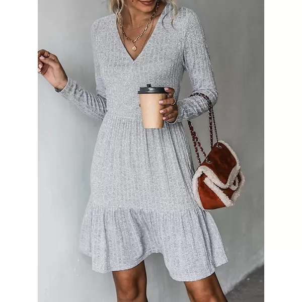 imageCUPSHE Womens Long Sleeve Chic VNeck Mini Dress Jersey Knit Ribbed Flounce Hem Autumn DressesGrey