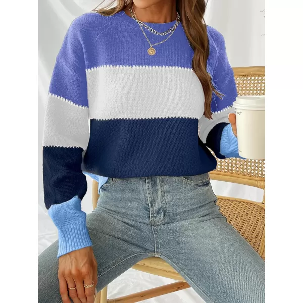 imageCUPSHE Womens Long Sleeve Colorblock Fall Winter Casual Knit Pullover Sweater Round NeckBlue