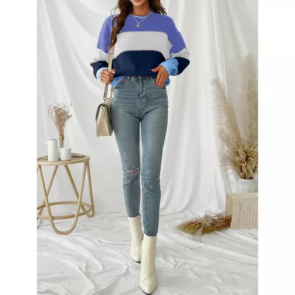 imageCUPSHE Womens Long Sleeve Colorblock Fall Winter Casual Knit Pullover Sweater Round NeckBlue