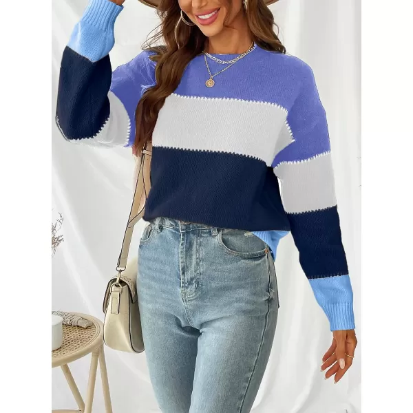 imageCUPSHE Womens Long Sleeve Colorblock Fall Winter Casual Knit Pullover Sweater Round NeckBlue