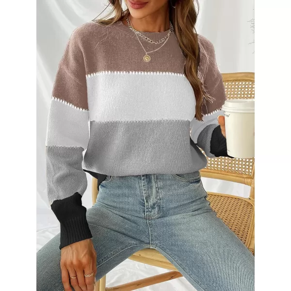 imageCUPSHE Womens Long Sleeve Colorblock Fall Winter Casual Knit Pullover Sweater Round NeckGreyBrown
