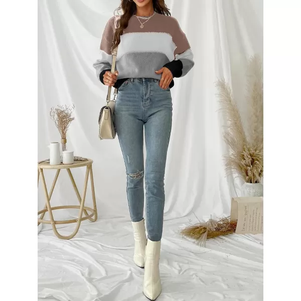 imageCUPSHE Womens Long Sleeve Colorblock Fall Winter Casual Knit Pullover Sweater Round NeckGreyBrown