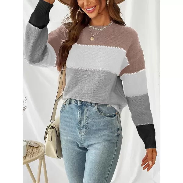 imageCUPSHE Womens Long Sleeve Colorblock Fall Winter Casual Knit Pullover Sweater Round NeckGreyBrown