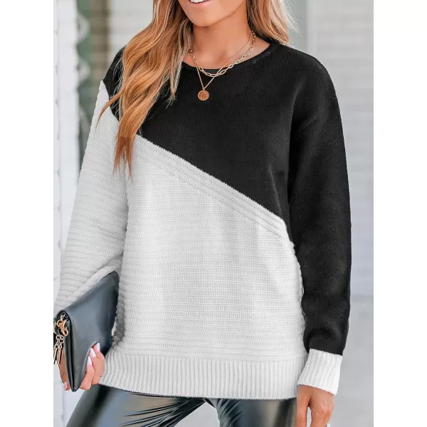 imageCUPSHE Womens Long Sleeve Crochet Sweater Round Neck Colorblock Fall Winter Casual Knit Pullover SweaterBlackWhite