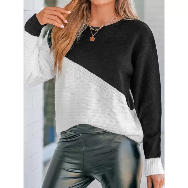 imageCUPSHE Womens Long Sleeve Crochet Sweater Round Neck Colorblock Fall Winter Casual Knit Pullover SweaterBlackWhite