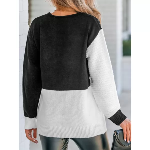 imageCUPSHE Womens Long Sleeve Crochet Sweater Round Neck Colorblock Fall Winter Casual Knit Pullover SweaterBlackWhite
