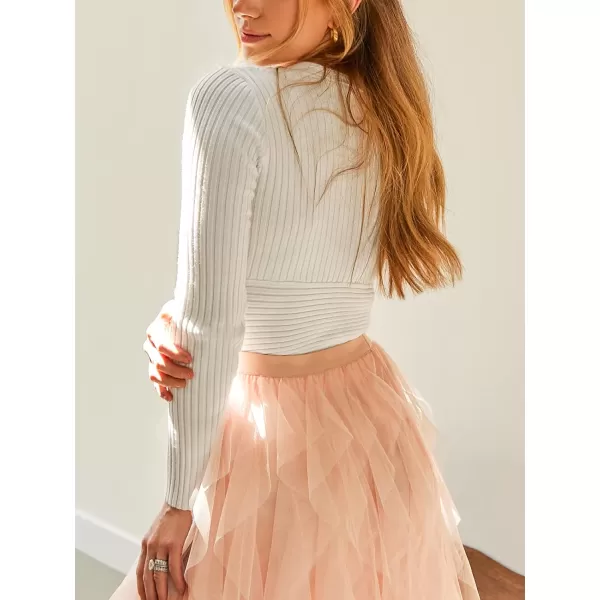 imageCUPSHE Womens Long Sleeve Cross Wrap Sweater Solid Fall Winter Casual Surplice Pullover SweaterWhite