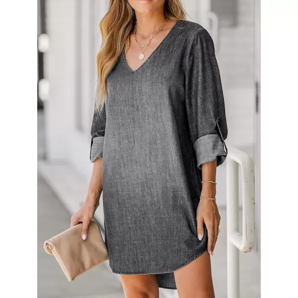 imageCUPSHE Womens Long Sleeve Denim Shirt Dress Casual V Neck Roll Tab Cotton Jean DressBlack