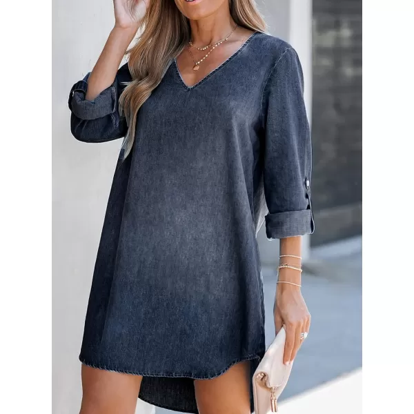 imageCUPSHE Womens Long Sleeve Denim Shirt Dress Casual V Neck Roll Tab Cotton Jean DressDark Blue