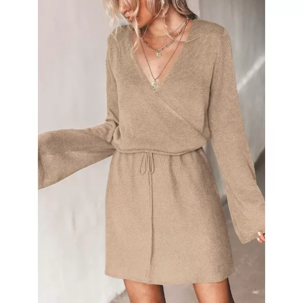 imageCUPSHE Womens Long Sleeve Drawstring Sweater Dress Solid Black Fall Winter Casual Lace Crochet Pullover SweaterKhaki