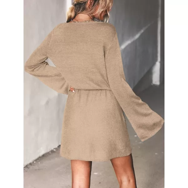 imageCUPSHE Womens Long Sleeve Drawstring Sweater Dress Solid Black Fall Winter Casual Lace Crochet Pullover SweaterKhaki