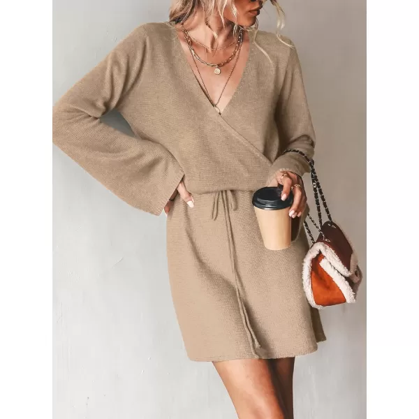 imageCUPSHE Womens Long Sleeve Drawstring Sweater Dress Solid Black Fall Winter Casual Lace Crochet Pullover SweaterKhaki