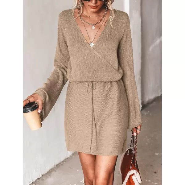 imageCUPSHE Womens Long Sleeve Drawstring Sweater Dress Solid Black Fall Winter Casual Lace Crochet Pullover SweaterKhaki