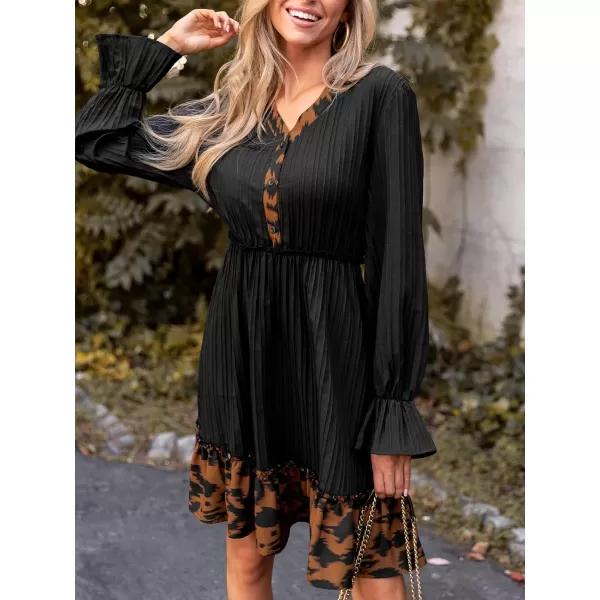 imageCUPSHE Womens Long Sleeve Dress Casual V Neck Leopard Print Trumpet Woven A Line Short DressesBlack