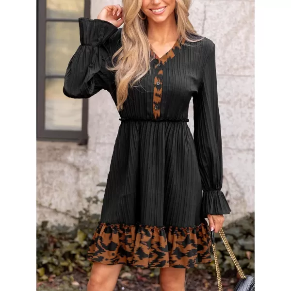 imageCUPSHE Womens Long Sleeve Dress Casual V Neck Leopard Print Trumpet Woven A Line Short DressesBlack