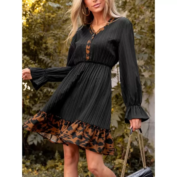 imageCUPSHE Womens Long Sleeve Dress Casual V Neck Leopard Print Trumpet Woven A Line Short DressesBlack