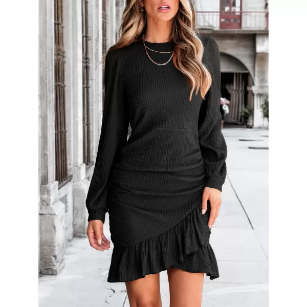 imageCUPSHE Womens Long Sleeve Dress Crew Neck Ruffle Hem Ruched Mini DressesBlack