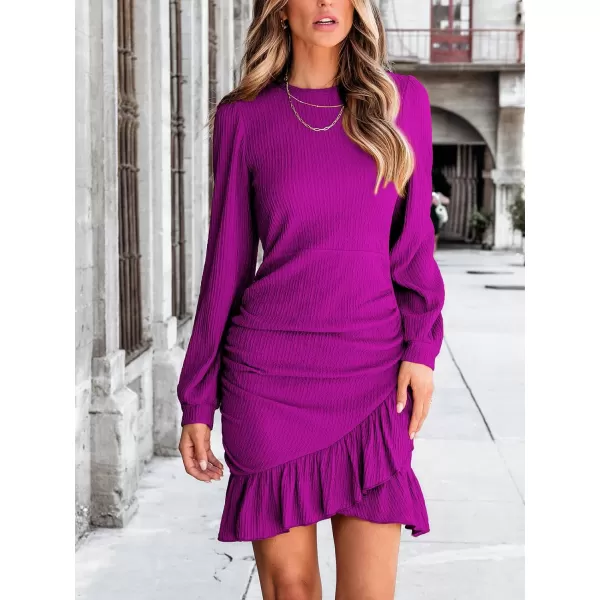 imageCUPSHE Womens Long Sleeve Dress Crew Neck Ruffle Hem Ruched Mini DressesRose Pink