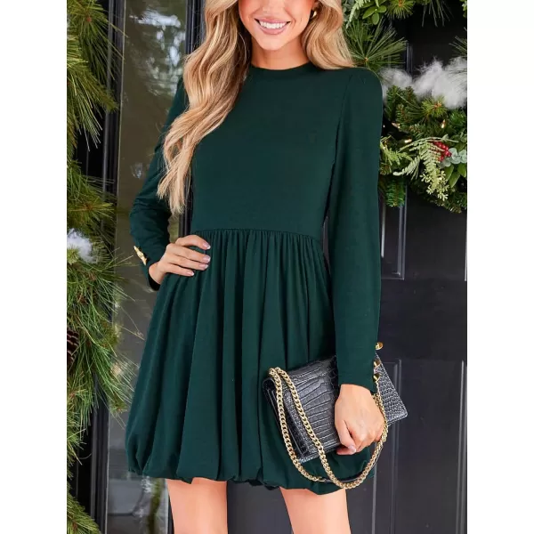 imageCUPSHE Womens Long Sleeve Dress Round Neck Ruching A Line Mini DressesGreen