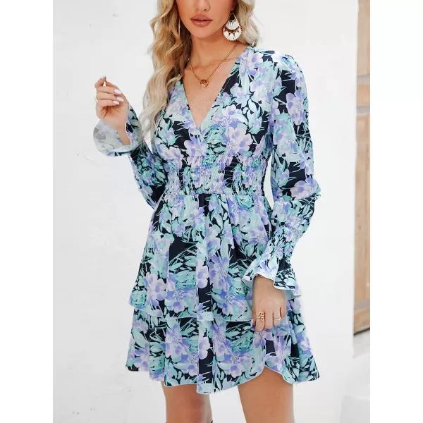 imageCUPSHE Womens Long Sleeve Floral Print Smocked Dress Aline Ruffle Hem Mini DressesLavender Purple