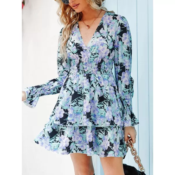 imageCUPSHE Womens Long Sleeve Floral Print Smocked Dress Aline Ruffle Hem Mini DressesLavender Purple